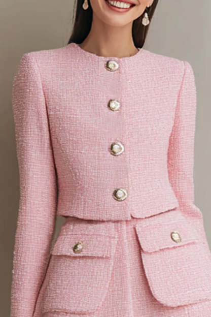Pink 2 Piece Single Breasted Short Tweed Outfits