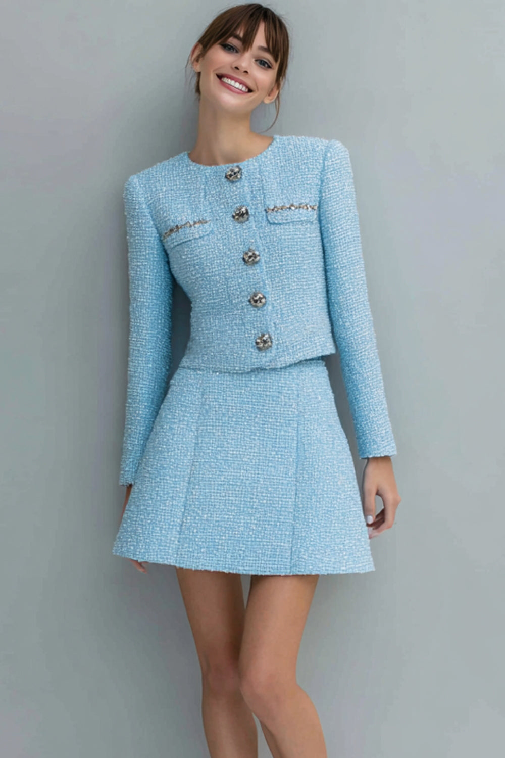 Light Blue Round Neck 2 Piece Short Tweed Outfits