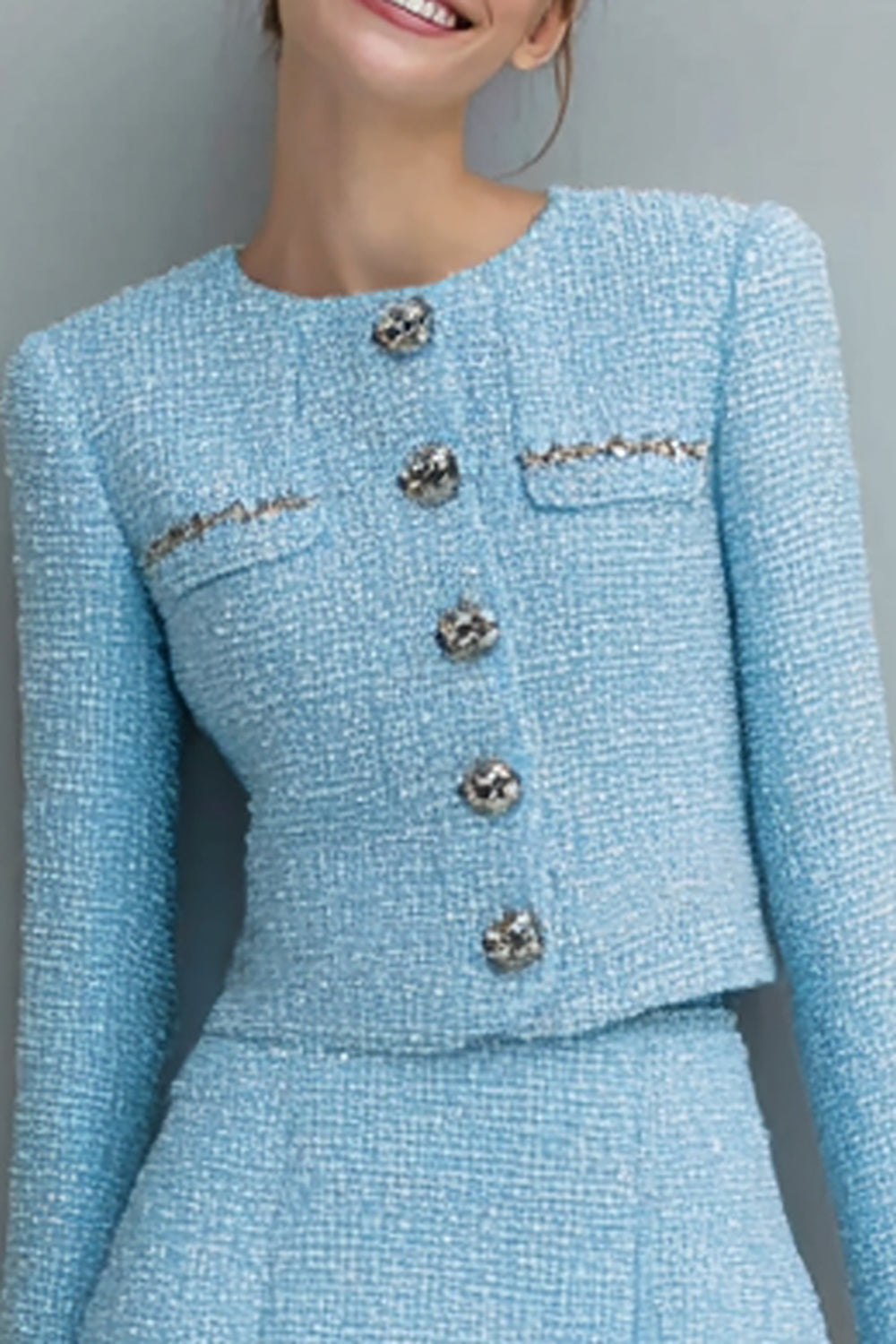 Light Blue Round Neck 2 Piece Short Tweed Outfits
