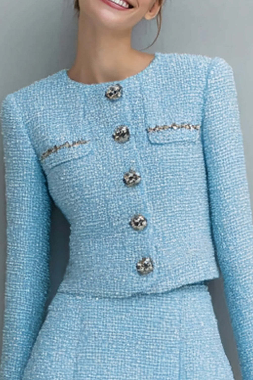 Light Blue Round Neck 2 Piece Short Tweed Outfits