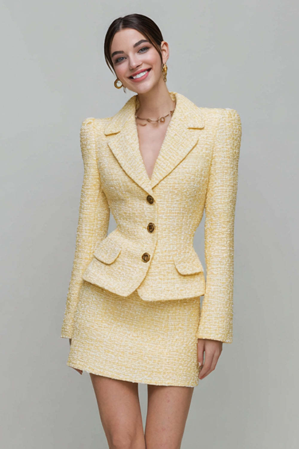 Leely Women Light Yellow 2 Piece Tweed Outfits Notched Lapel Pencil Single Breasted Date Night Outfits with Sleeves