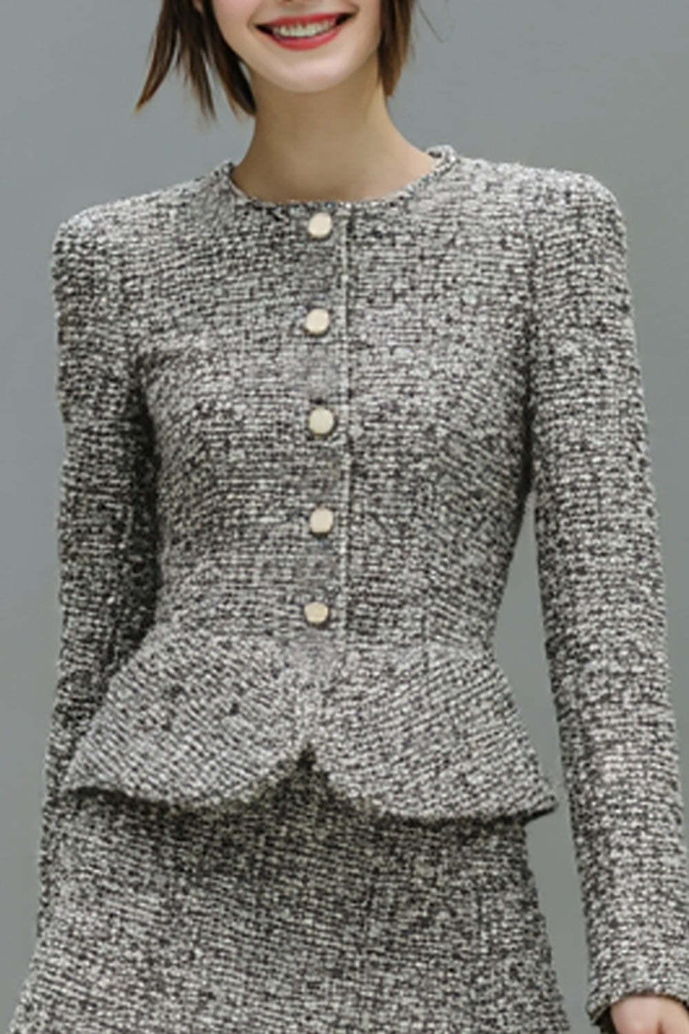 Grey Single Breasted Tweed 2 Piece Date Night Outfits