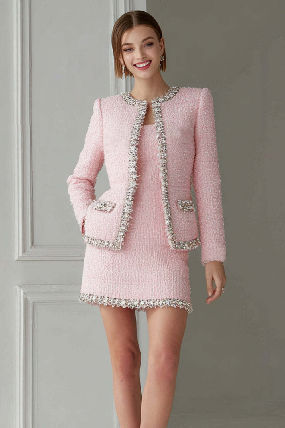 Leely Women Sparkly Pink Pencil Short Tweed Outfits with Pockets Round Neck 2 Piece Date Night Outfits with Sleeves