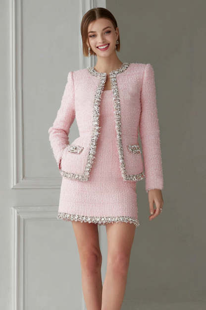Leely Women Sparkly Pink Pencil Short Tweed Outfits with Pockets Round Neck 2 Piece Date Night Outfits with Sleeves