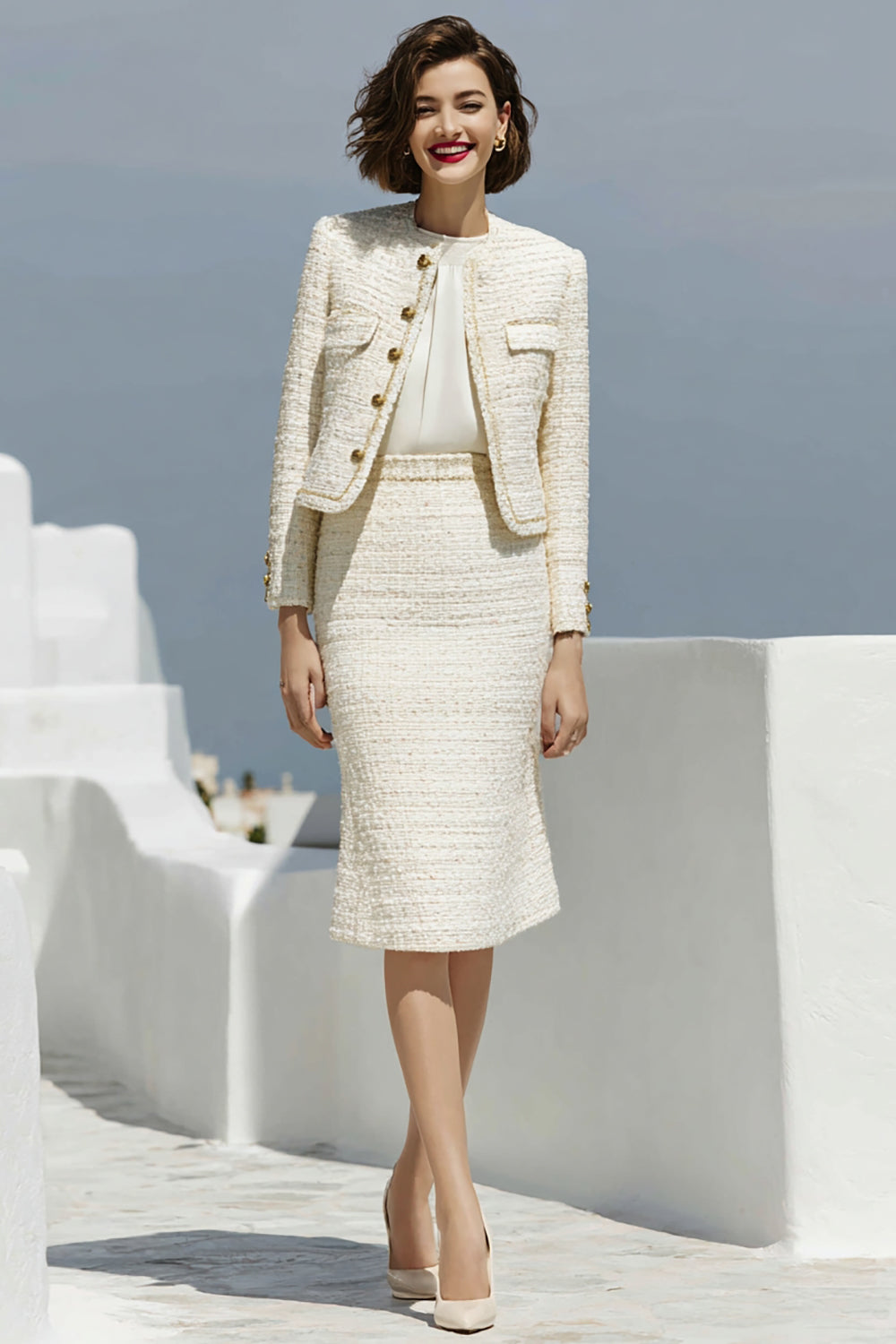 Ivory 2 Piece Single Breasted Pencil Midi Date Night Outfits