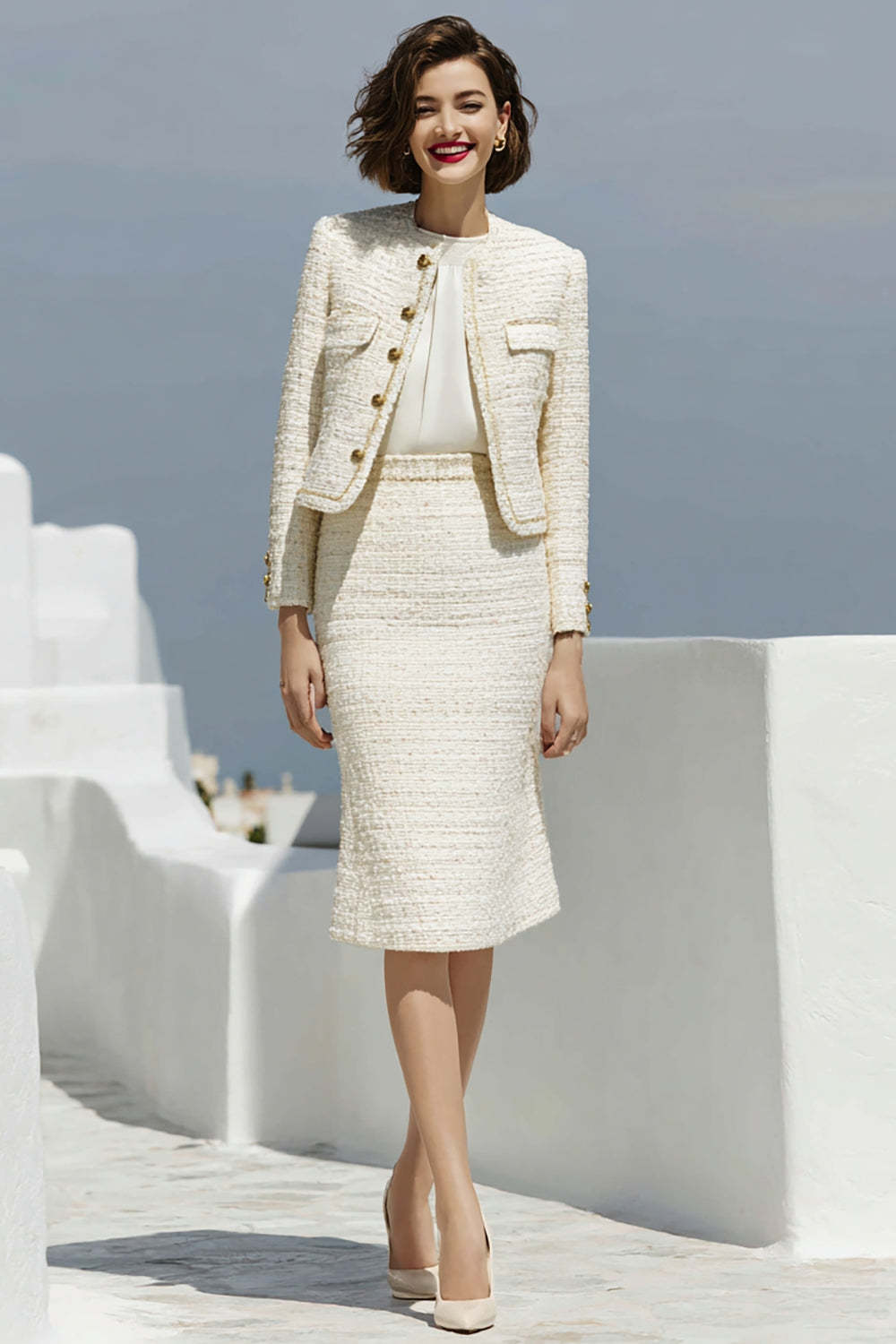 Leely Women Ivory Pencil Midi Tweed Outfits 2 Piece Single Breasted Long Sleeves Business Suits