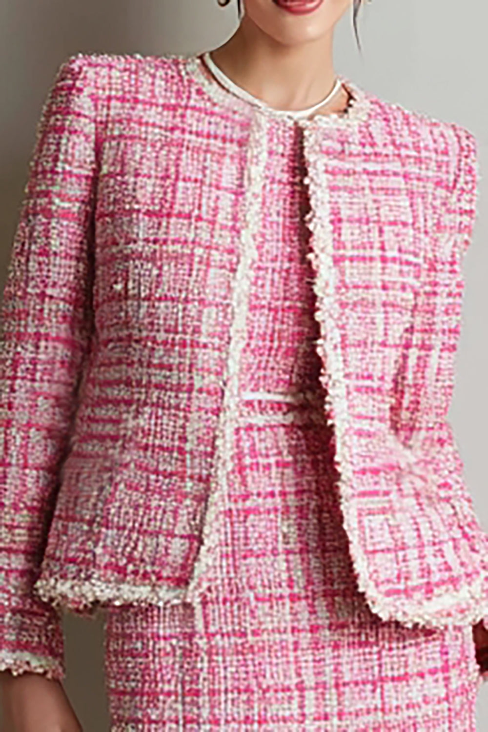Pink Pencil Round Neck 2 Piece Short Tweed Outfits