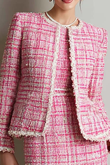 Pink Pencil Round Neck 2 Piece Short Tweed Outfits