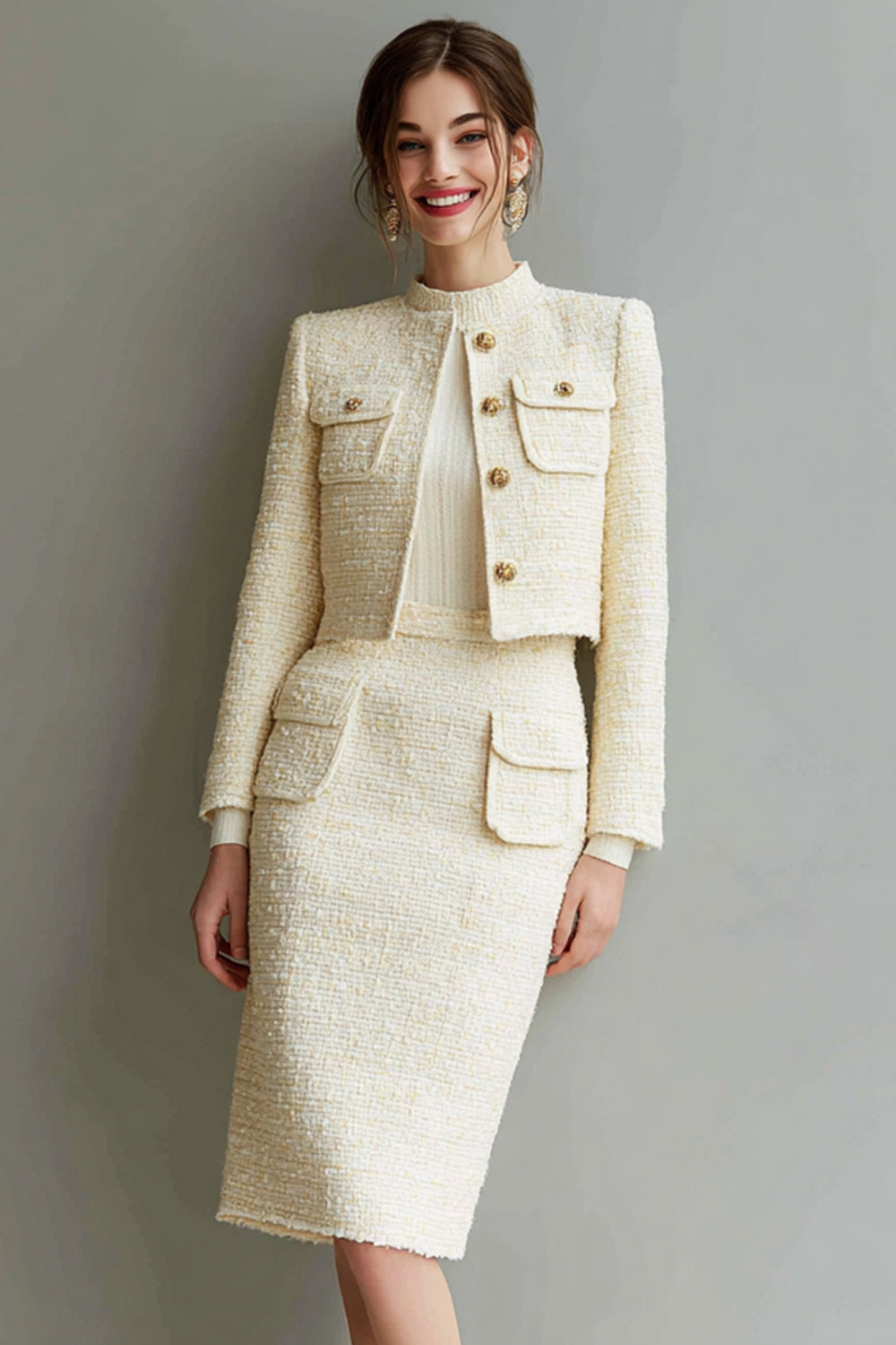 Leely Women Ivory 2 Piece Pencil Short Date Night Outfits Single Breasted Tweed High Neck Business Suits