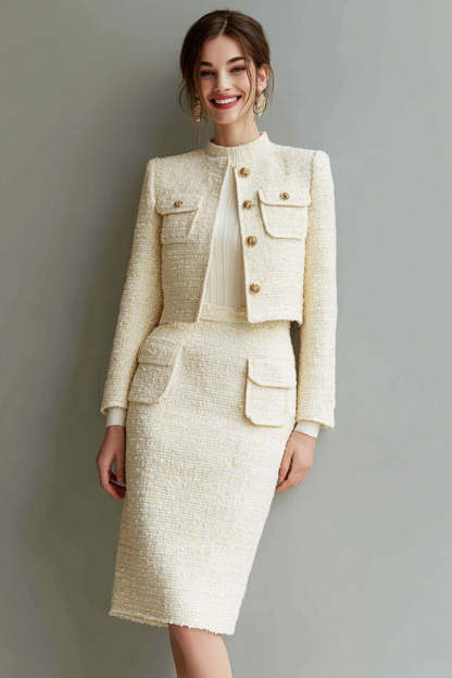 Leely Women Ivory 2 Piece Pencil Short Date Night Outfits Single Breasted Tweed High Neck Business Suits