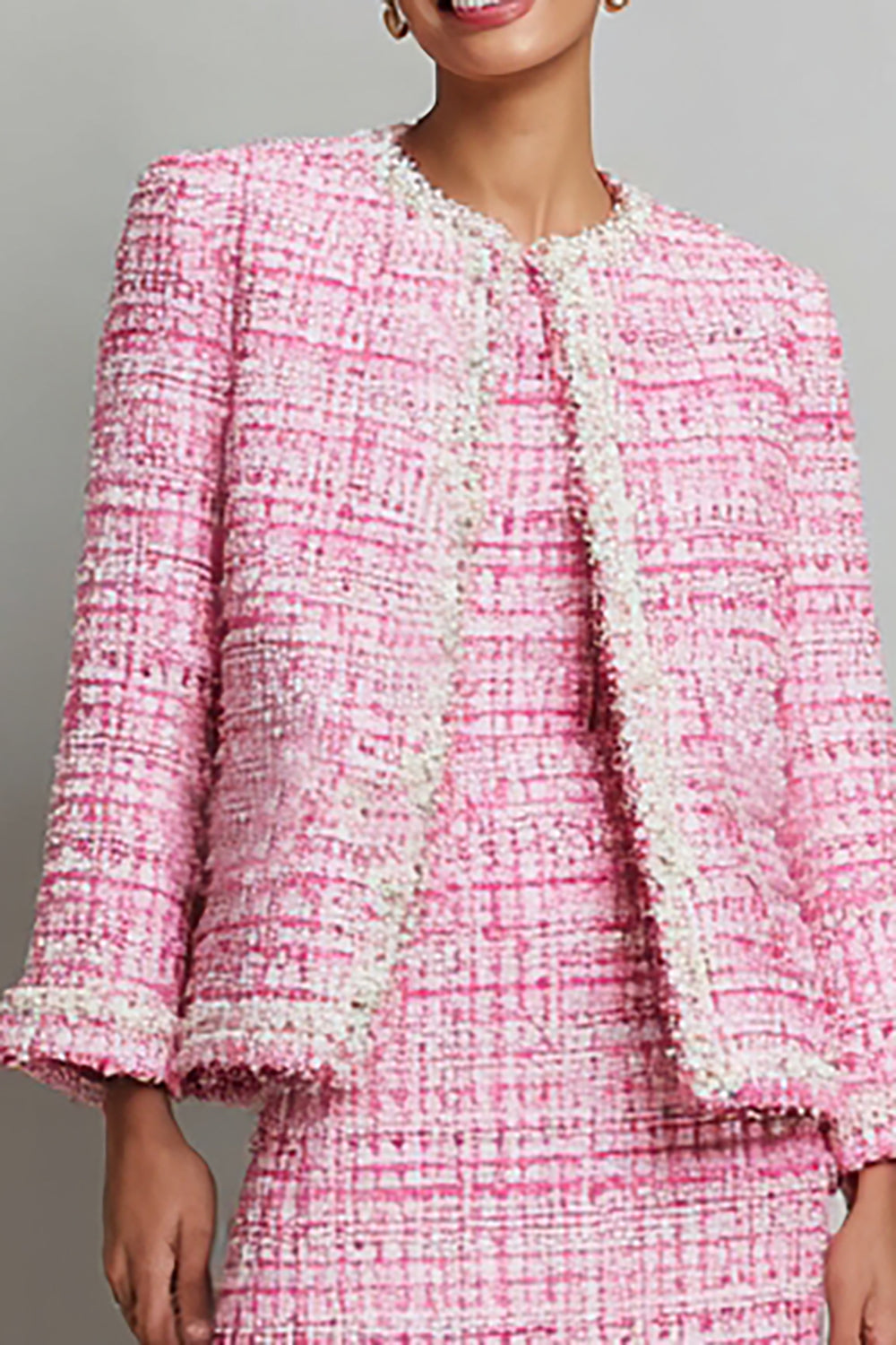 Pink Pencil Round Neck Short Tweed Outfits