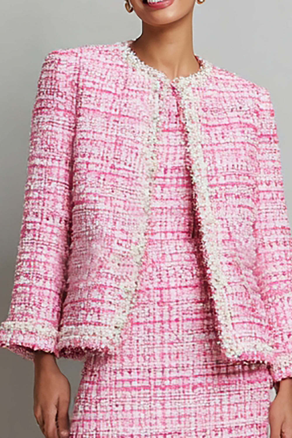 Pink Pencil Round Neck Short Tweed Outfits