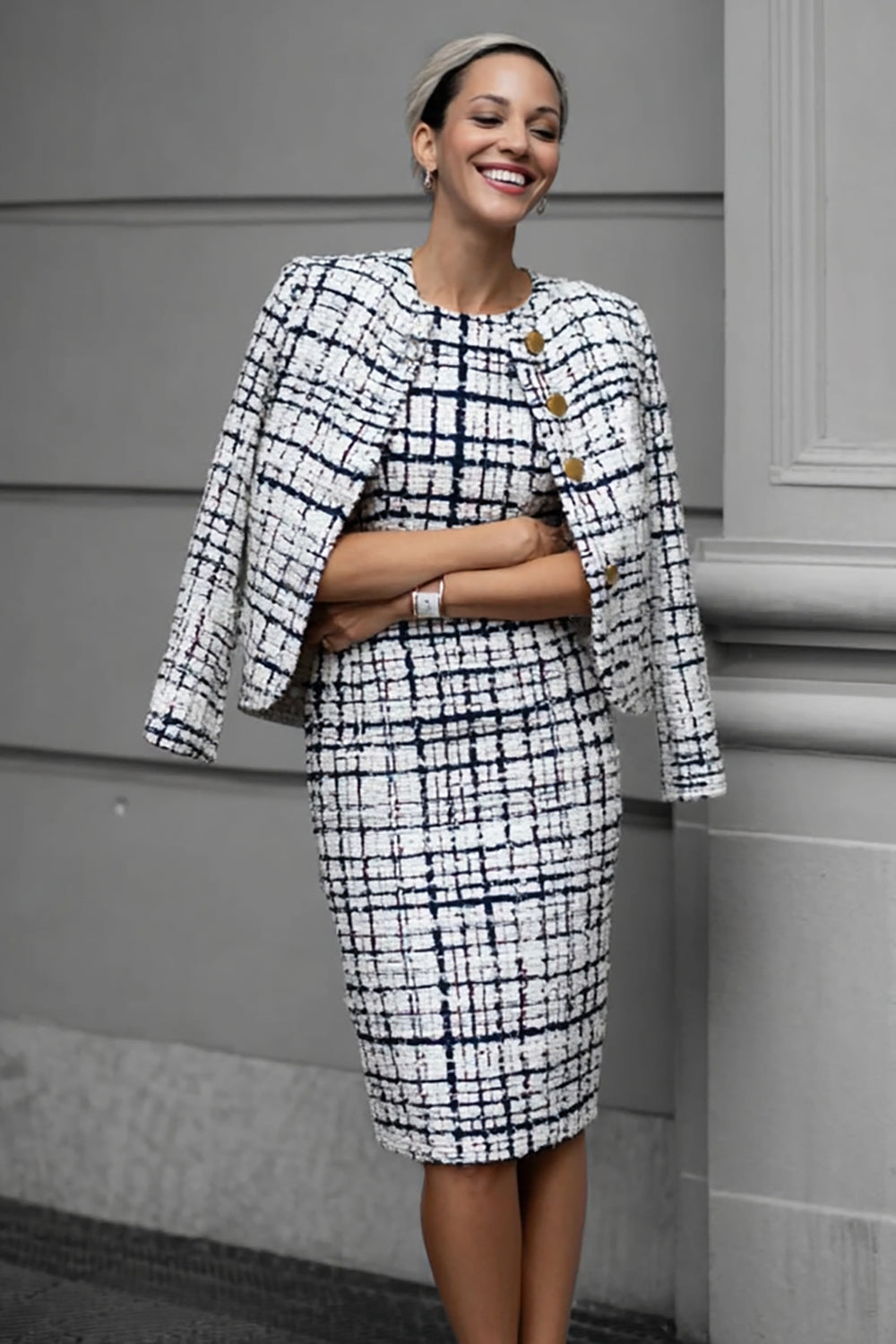 Leely Women Mix Black Grid Pencil Tweed Midi Pageant Interview Outfits 2 Piece Single Breasted Business Suits with Sleeves