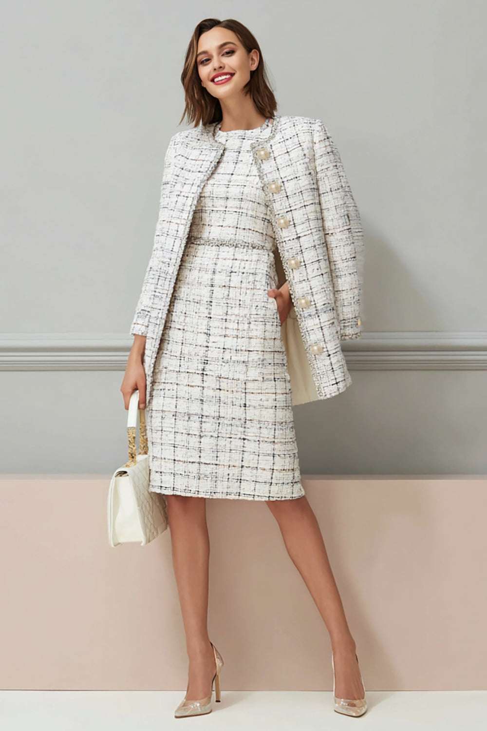 Leely Women Mix Black Grid Pencil Tweed Midi Date Night Outfits Single Breasted 2 Piece Business Suits with Sleeves