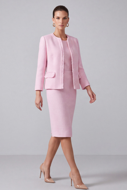Leely Women Pink Pencil Midi Homecoming Outfits Round Neck 2 Piece Business Suits with Sleeves