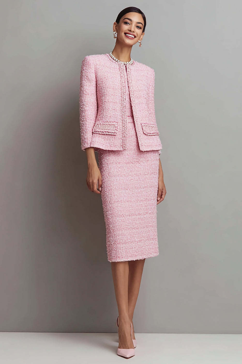 Leely Women Pink Pencil Midi Tweed Outfits Round Neck 2 Piece Business Suits with Sleeves
