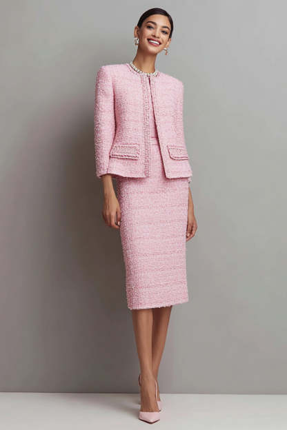 Leely Women Pink Pencil Midi Tweed Outfits Round Neck 2 Piece Business Suits with Sleeves
