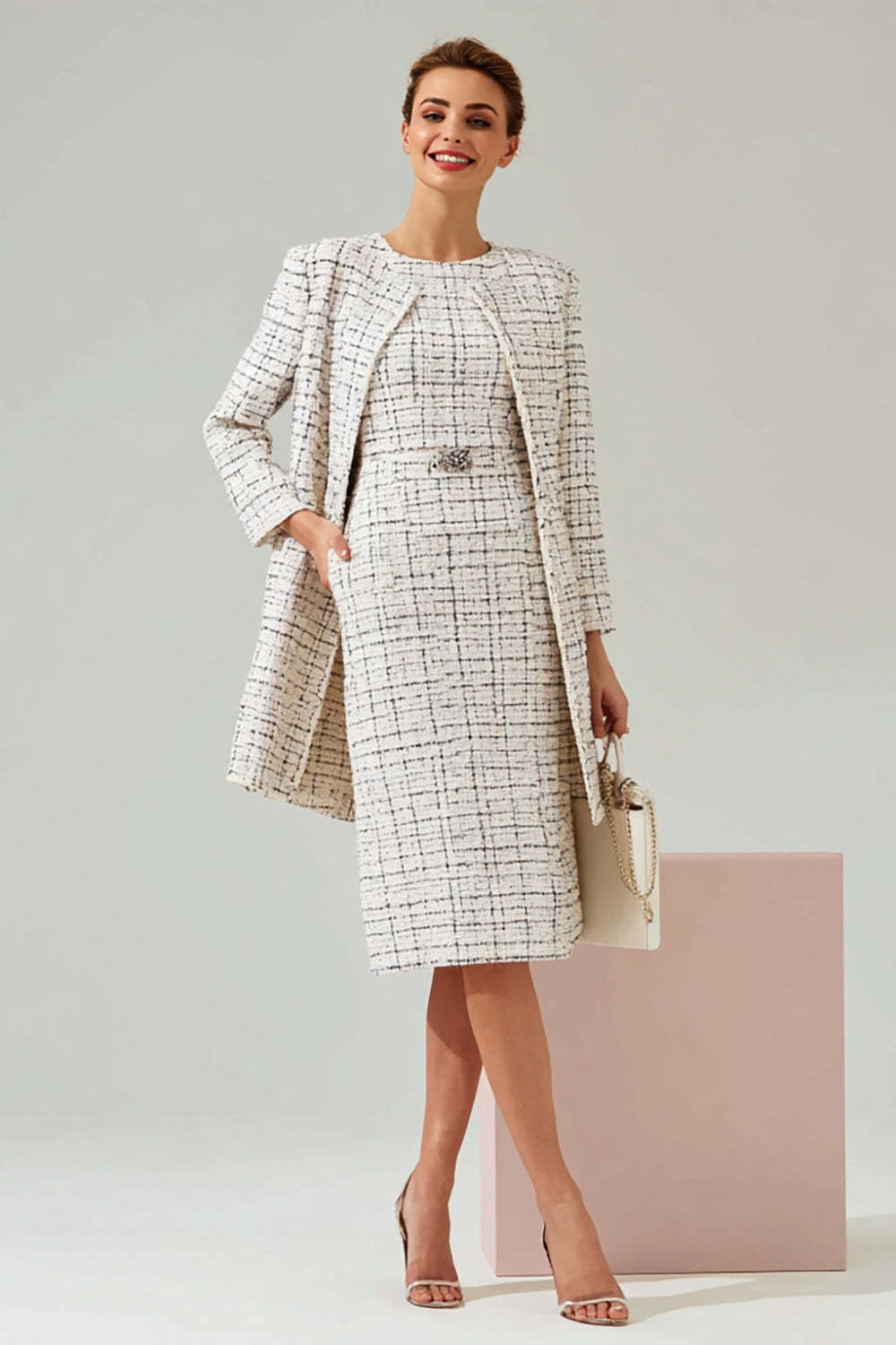 Leely Women Mix Black Grid 2 Piece Pencil Midi Date Night Outfits Round Neck Tweed Business Suits with Sleeves