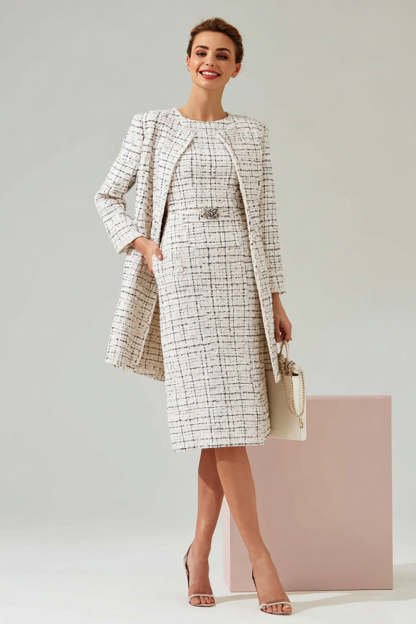 Leely Women Mix Black Grid 2 Piece Pencil Midi Date Night Outfits Round Neck Tweed Business Suits with Sleeves