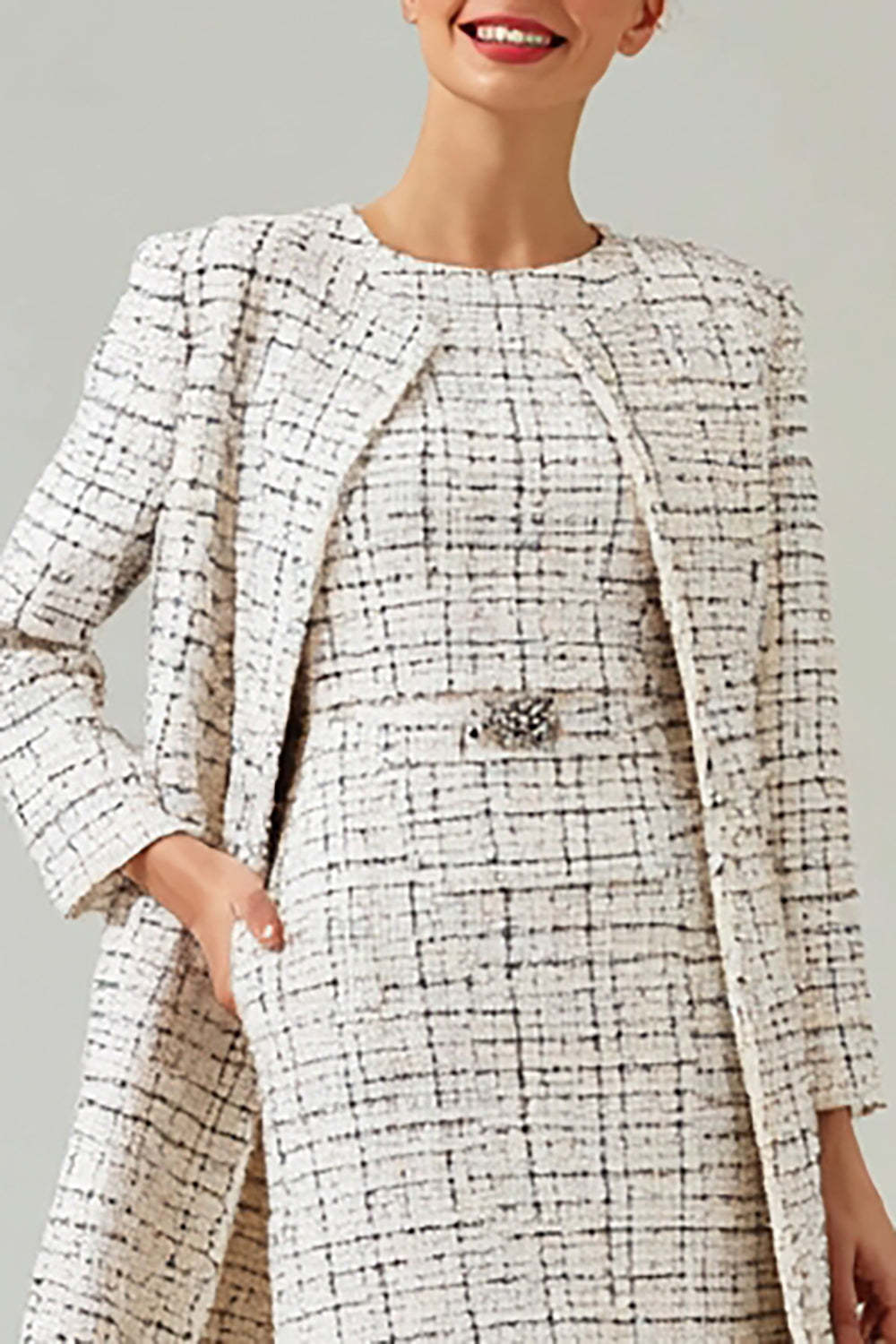 Mix Black Grid 2 Piece Round Neck Midi Tweed Outfits