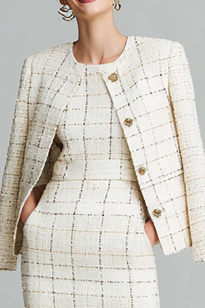 Mix Black Grid 2 Piece Pencil Midi Tweed Outfits with Pockets