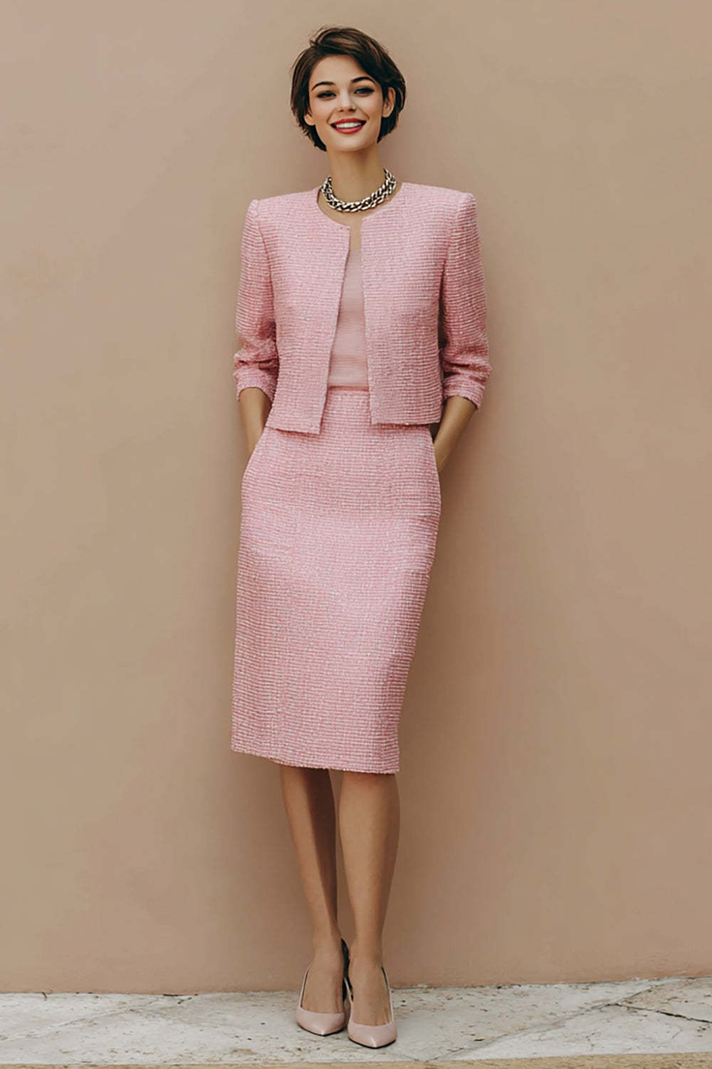 Leely Women Pink Tweed Pencil Midi Pageant Date Night Outfits with Pockets 2 Piece Round Neck Business Suits with Sleeves