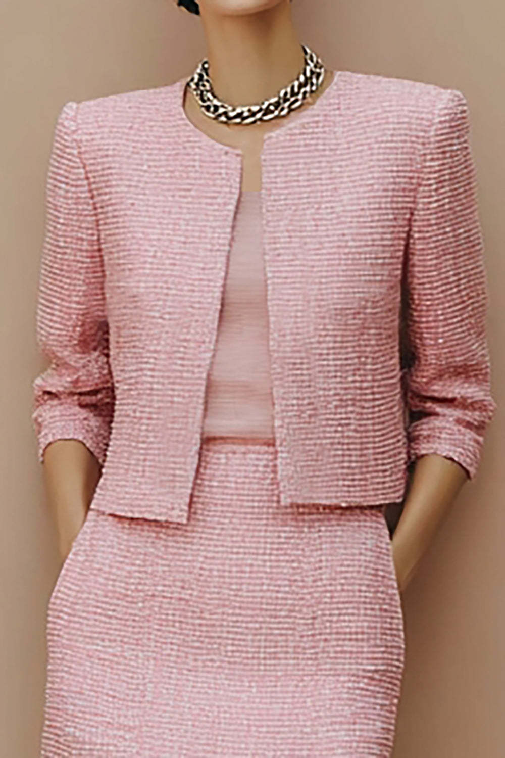 Pink Tweed Pencil 2 Piece Midi Date Night Outfits with Pockets