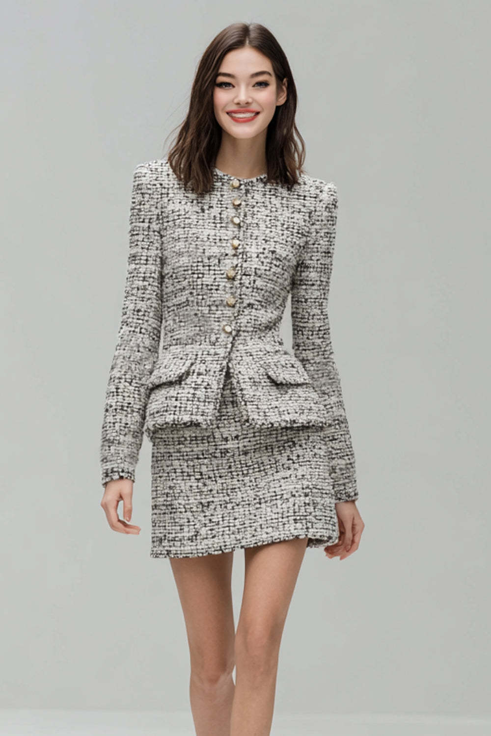 Leely Women Grey Pencil 2 Piece Short Date Night Outfits Single Breasted Tweed Round Neck Tweed Outfits with Sleeves