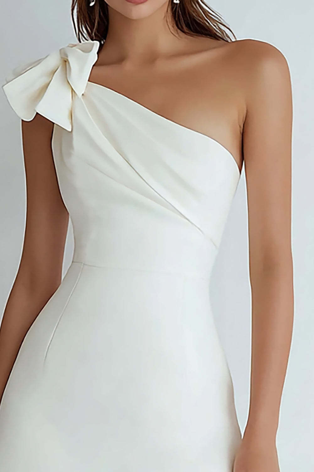 Ivory A Line Satin One Shoulder Short Bridal Shower Dress with Bow