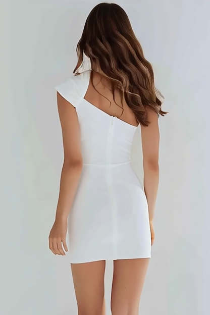 Ivory Satin Short One Shoulder Tight Bridal Shower Dress
