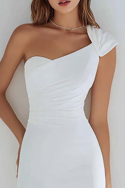 Ivory Satin Short One Shoulder Tight Bridal Shower Dress