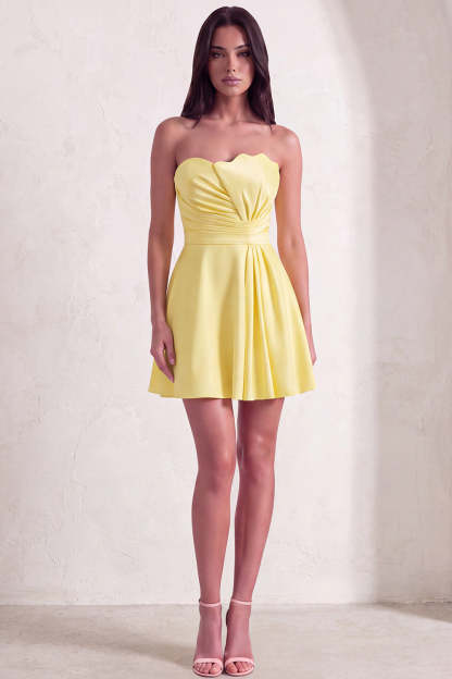 Yellow A-Line Strapless Ruched Short Homecoming Dress