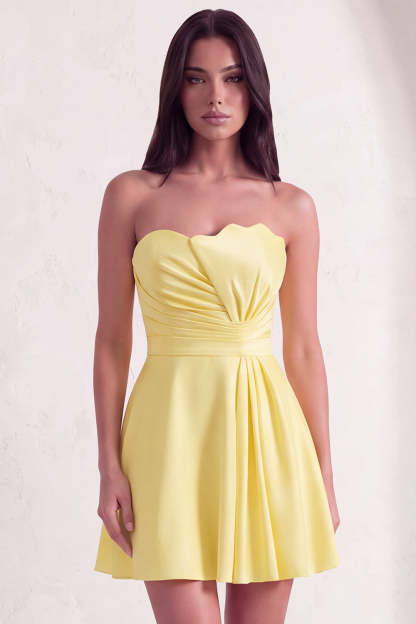 Leely Women Yellow Short Homecoming Dress Satin A-Line Strapless Ruched Cocktail Dress
