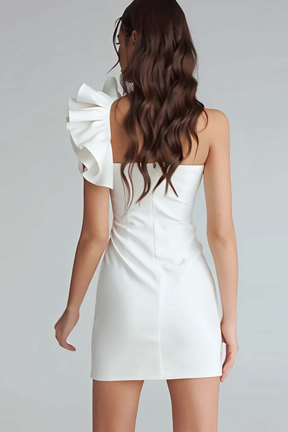 Ivory One Shoulder Satin Short Tight Bridal Shower Dress with Ruffles