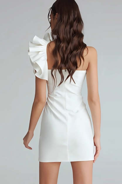 Ivory One Shoulder Satin Short Tight Bridal Shower Dress with Ruffles