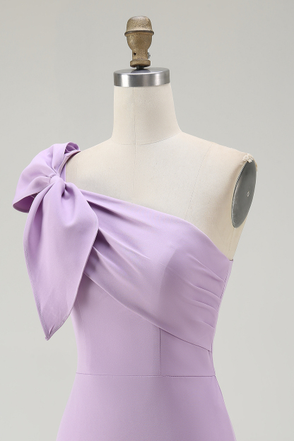 Lilac Satin One Shoulder Mini Bodycon Homecoming Dress with Bow