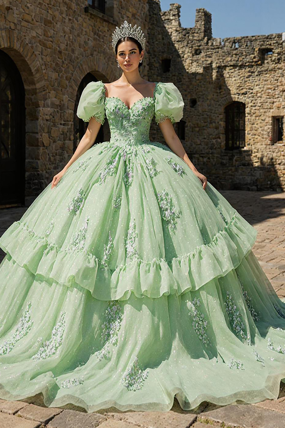 Princess Light Green Puff Sleeves Tulle Appliqued Quinceanera Dress with Ruffles