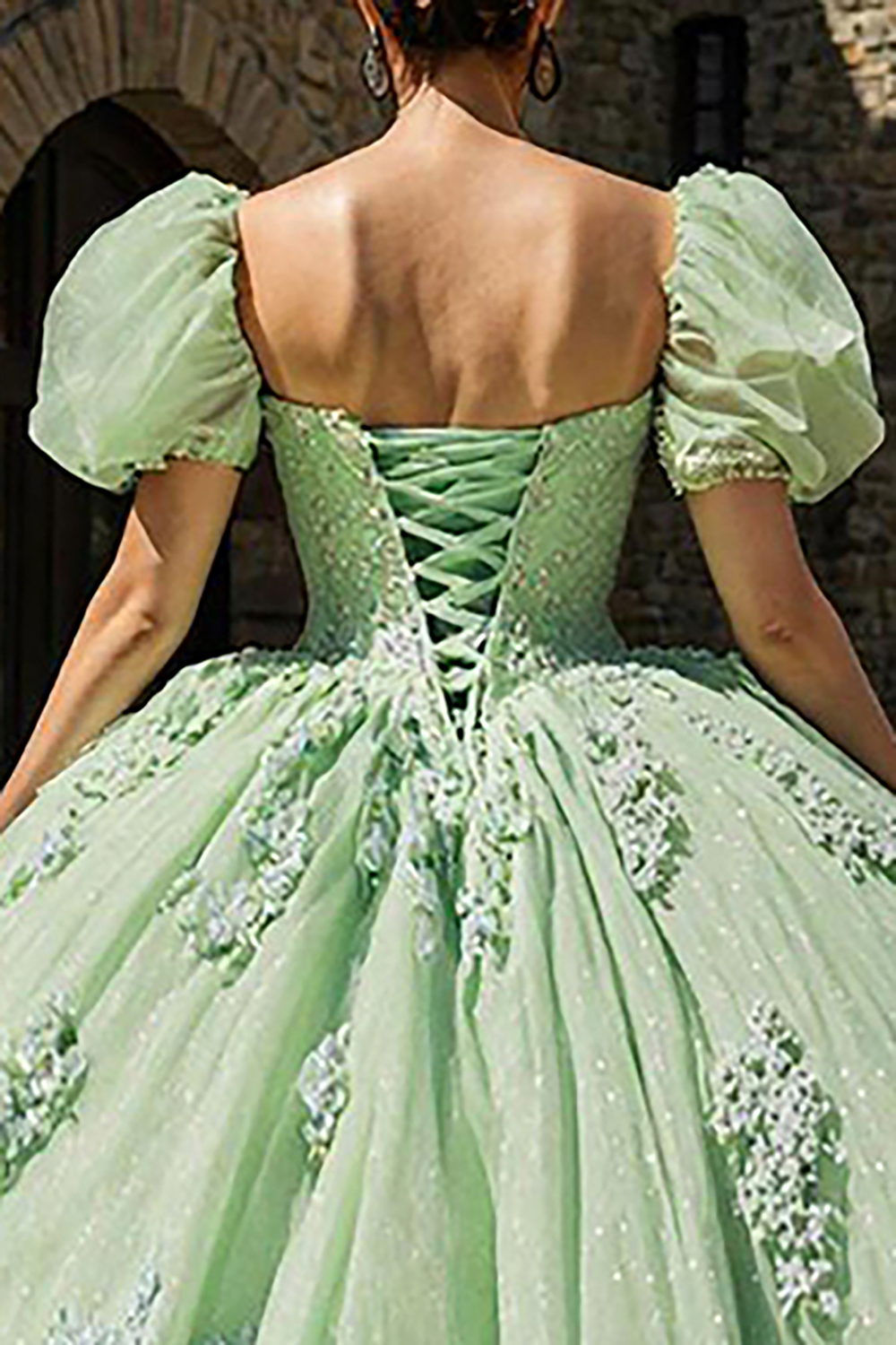 Princess Light Green Puff Sleeves Tulle Appliqued Quinceanera Dress with Ruffles
