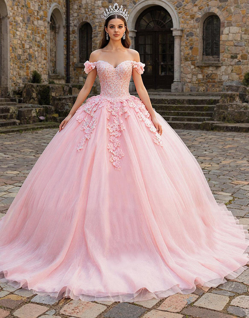 Pink Tulle Off the Shoulder Appliqued Princess Quinceanera Dress with Bow