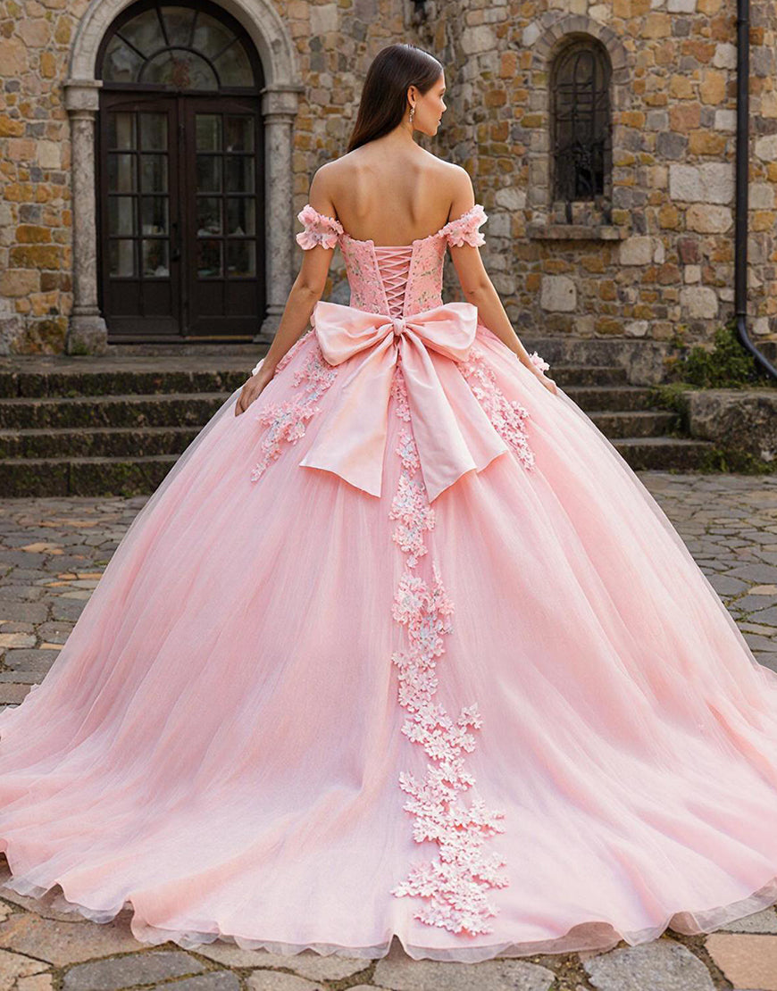 Pink Tulle Off the Shoulder Appliqued Princess Quinceanera Dress with Bow