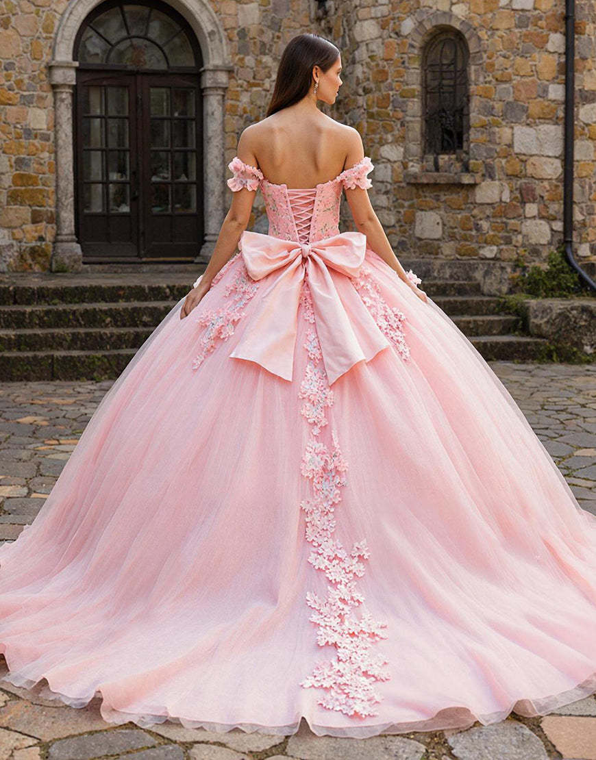 Pink Tulle Off the Shoulder Appliqued Princess Quinceanera Dress with Bow