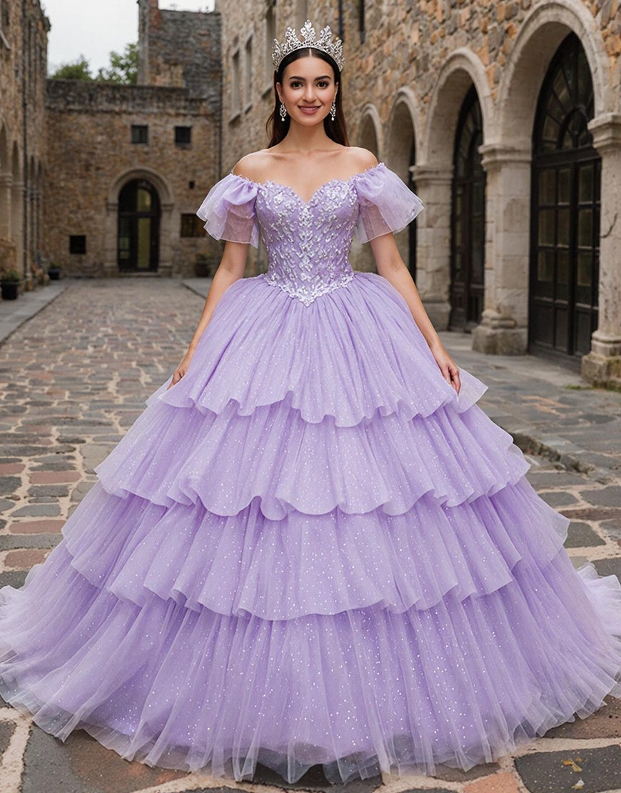 Leely Women Sparkly Lilac Tulle Ruffled Quinceanera Dress with Bow Princess Off the Shoulder Tiered Sweet 16 Dress with Appliques