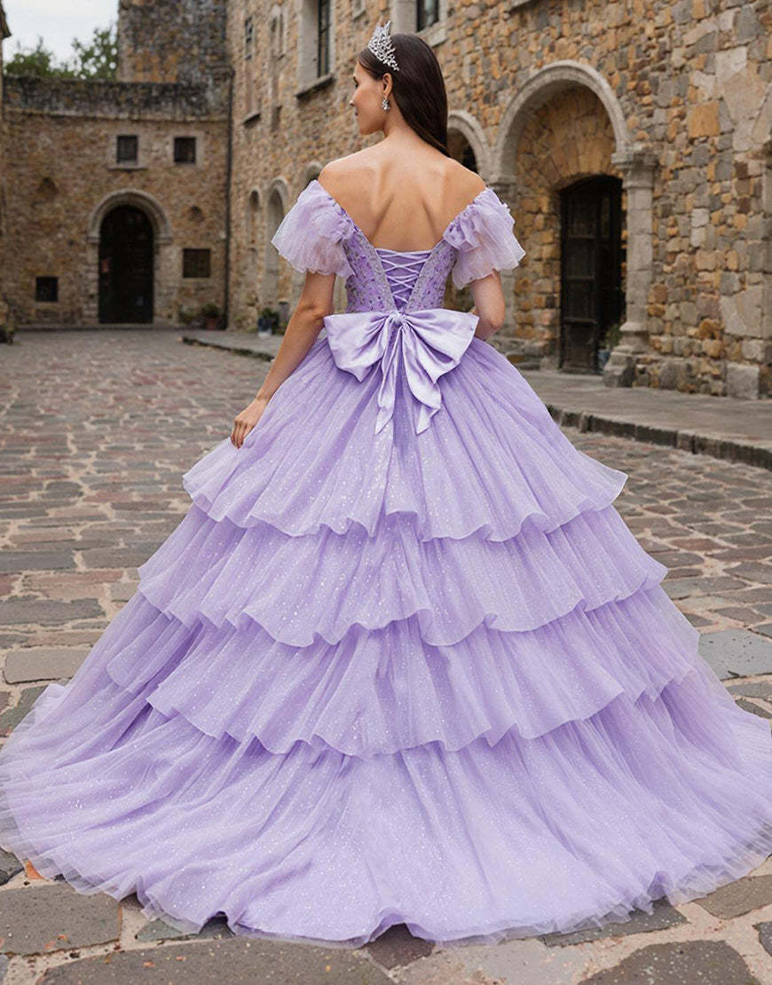 Sparkly Lilac Off the Shoulder Ruffled Tulle Princess Quinceanera Dress with Bow
