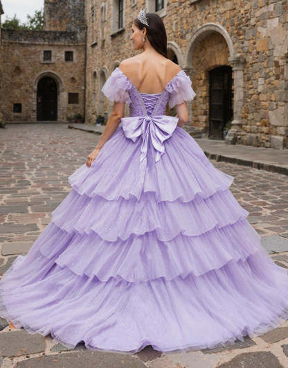 Sparkly Lilac Off the Shoulder Ruffled Tulle Princess Quinceanera Dress with Bow