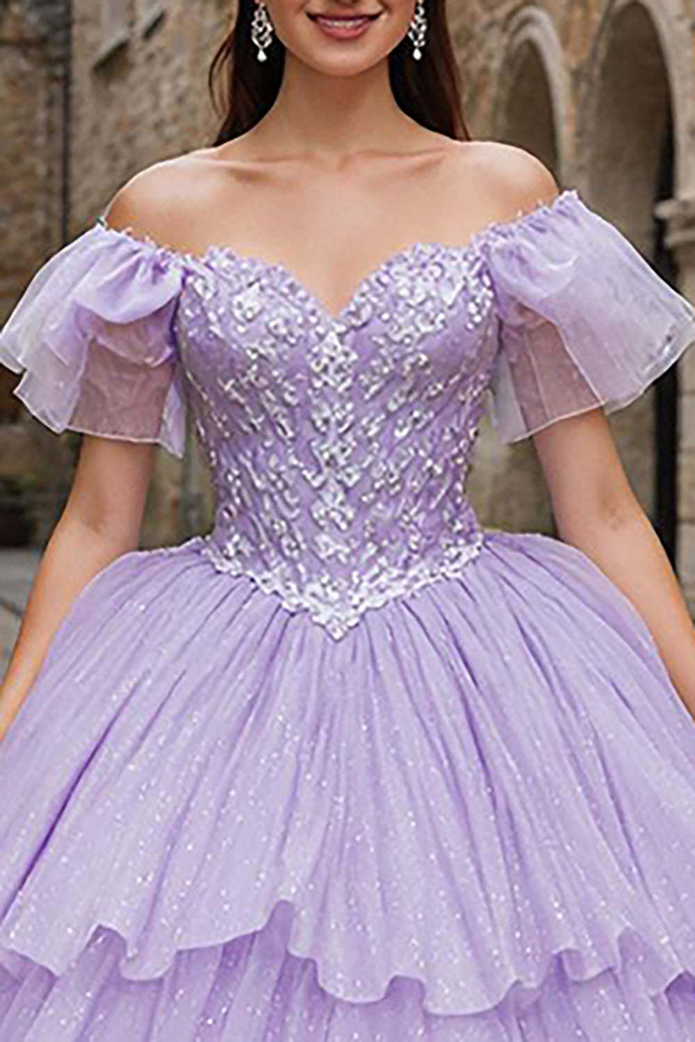 Sparkly Lilac Off the Shoulder Ruffled Tulle Princess Quinceanera Dress with Bow