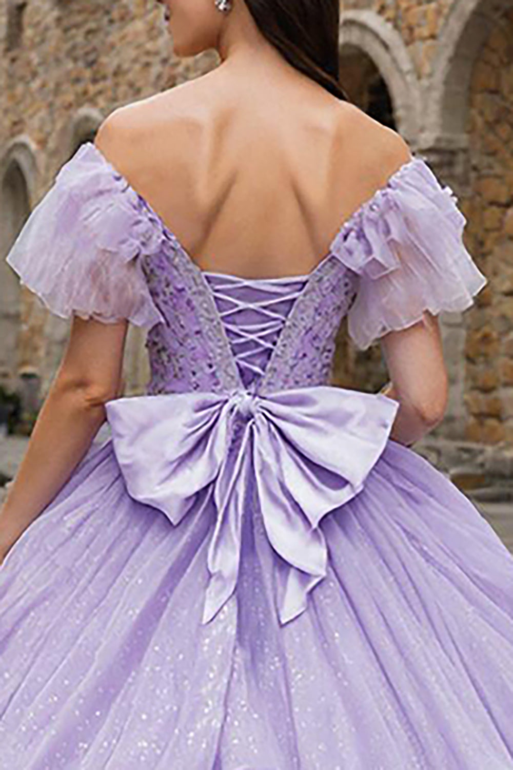 Sparkly Lilac Off the Shoulder Ruffled Tulle Princess Quinceanera Dress with Bow