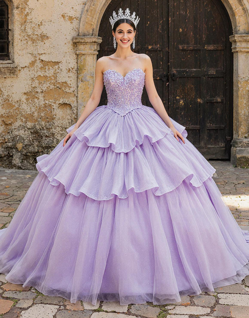 Sparkly Lilac Sweetheart Tulle Princess Ruffled Quinceanera Dress with Appliques