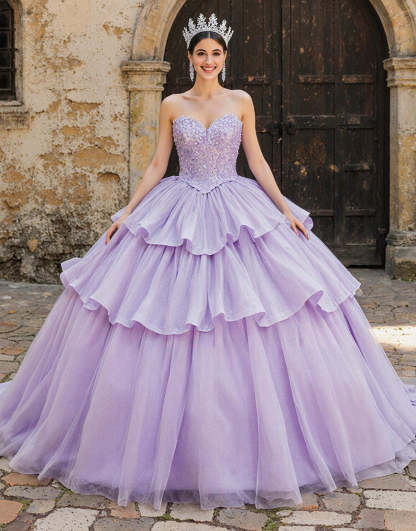 Leely Women Sparkly Tulle Lilac Ruffled Princess Quinceanera Dress with Appliques Sweetheart Tiered Sweet 16 Dress