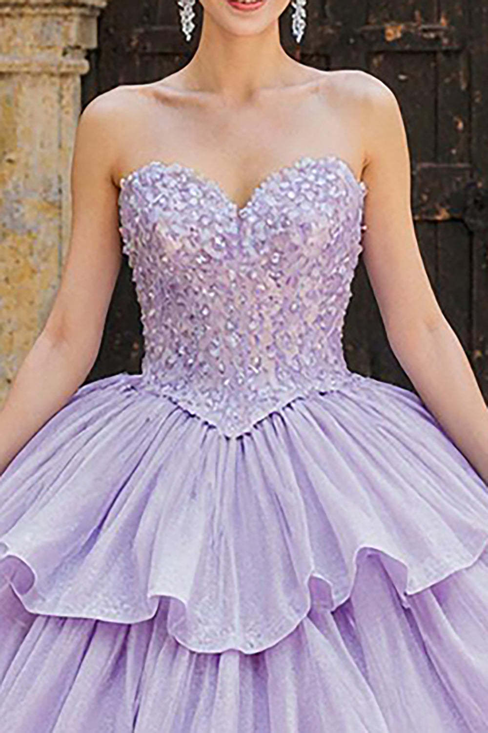 Sparkly Lilac Sweetheart Tulle Princess Ruffled Quinceanera Dress with Appliques