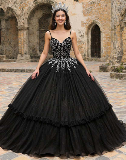 Leely Women Princess Black Tulle Quinceanera Dress with Appliques Spaghetti Straps Sweet 16 Dress with Ruffles